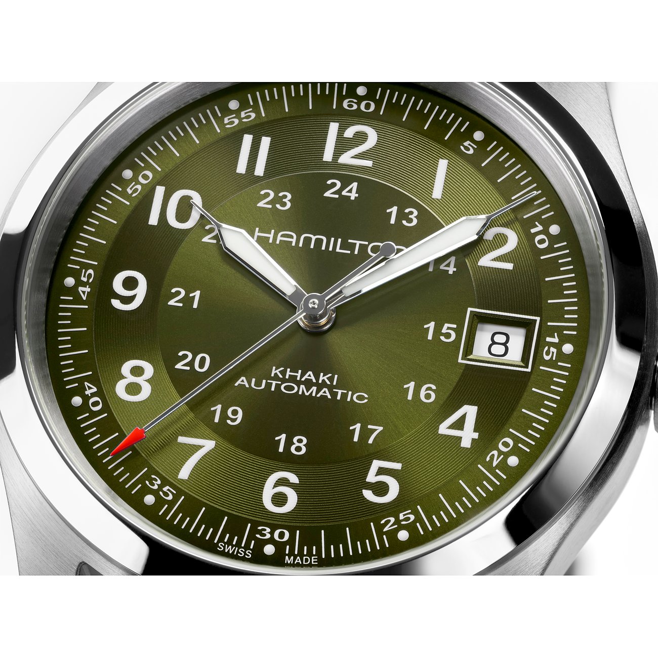 Hamilton Khaki Automatic Unisexuhr mit Edelstahlgehäuse und grünem Zifferblatt.