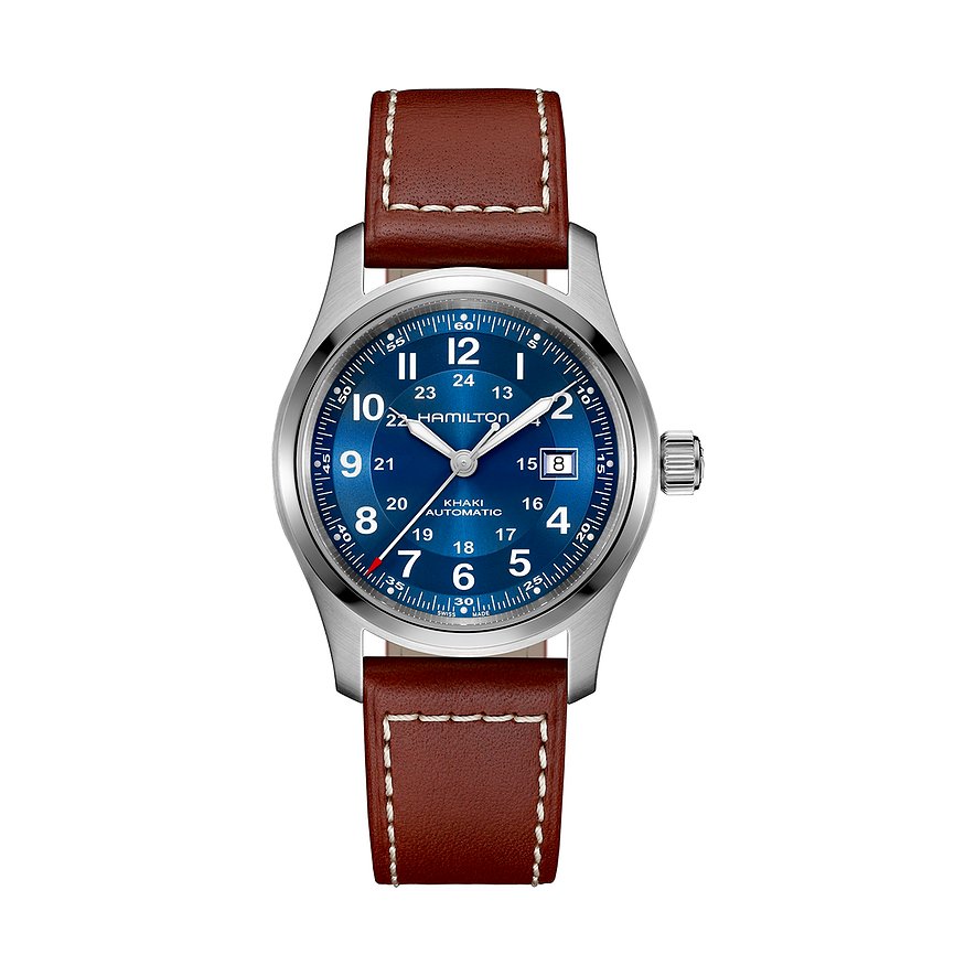Hamilton Herrenuhr mit Edelstahlgehäuse, blauem Zifferblatt und braunem Lederarmband.