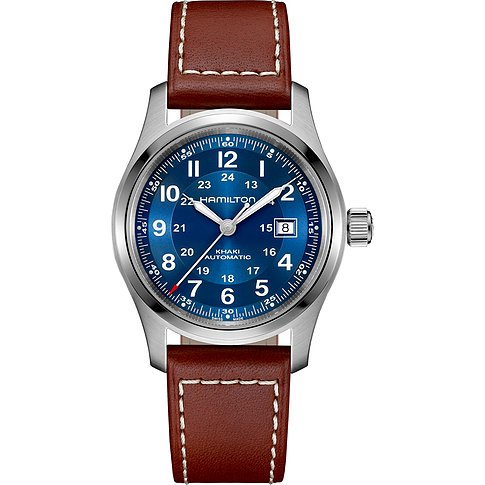 Hamilton Herrenuhr mit Edelstahlgehäuse, blauem Zifferblatt und braunem Lederarmband.