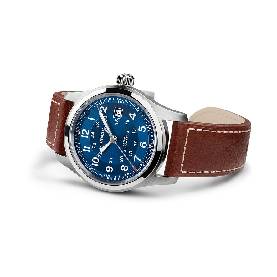 Hamilton Herrenuhr mit Edelstahlgehäuse und blauem Zifferblatt.