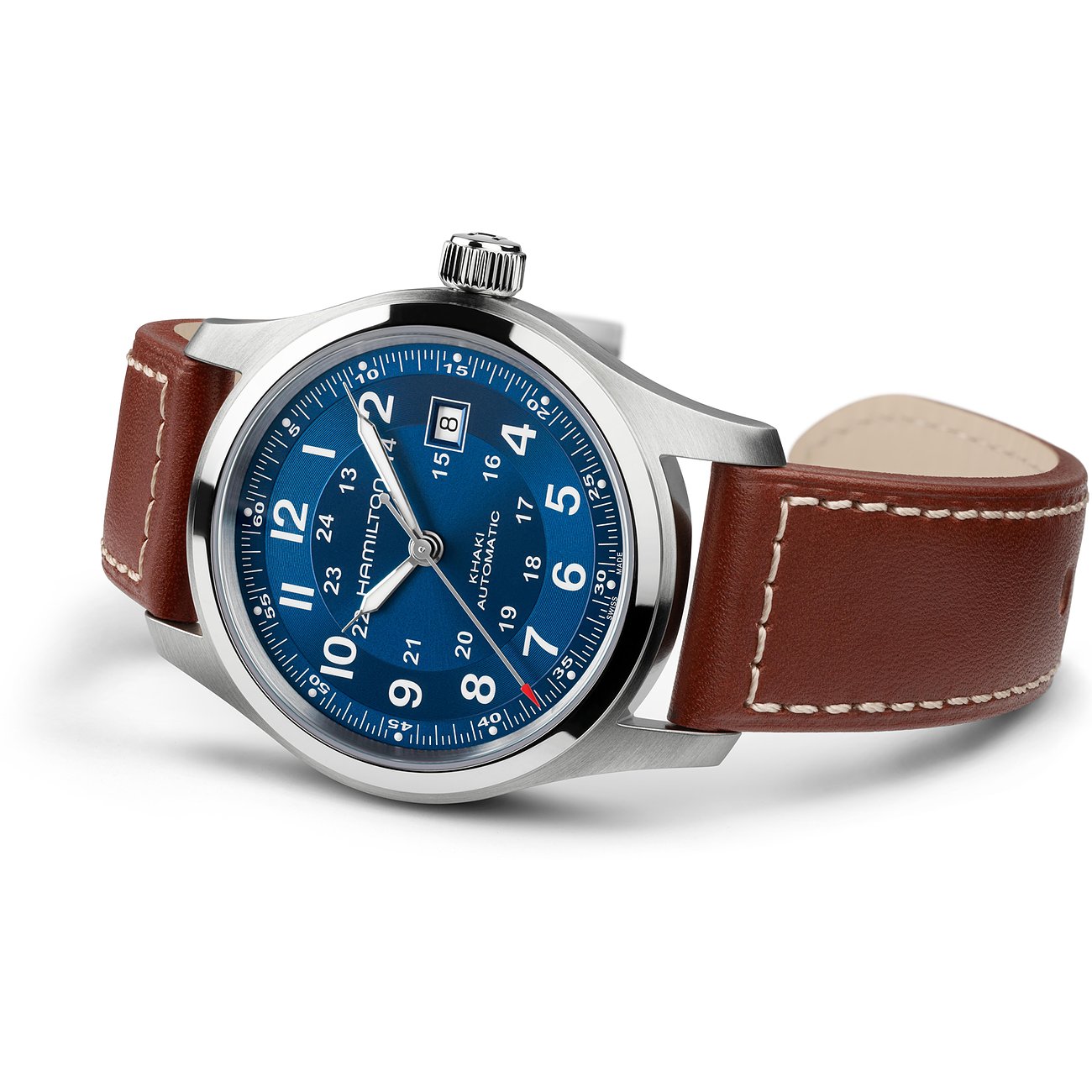 Hamilton Herrenuhr mit Edelstahlgehäuse und blauem Zifferblatt.