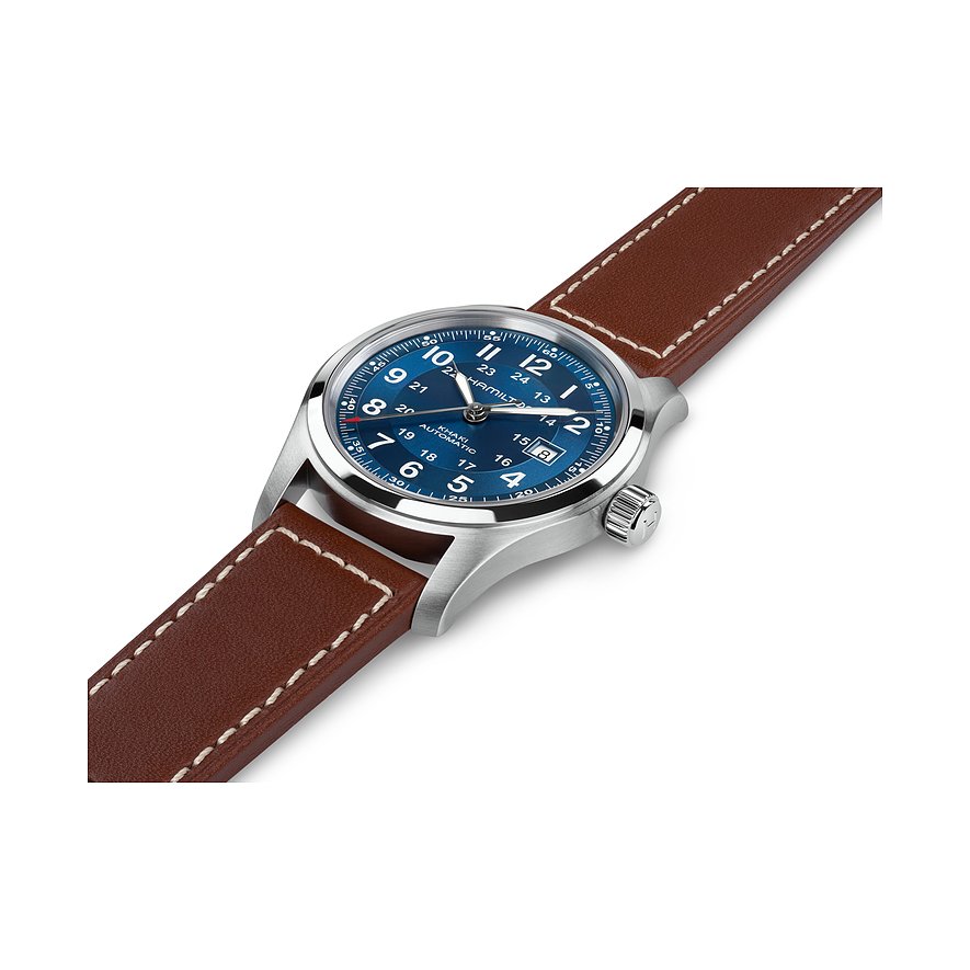 Hamilton Herrenuhr mit Edelstahlgehäuse, blauem Zifferblatt und braunem Lederarmband.