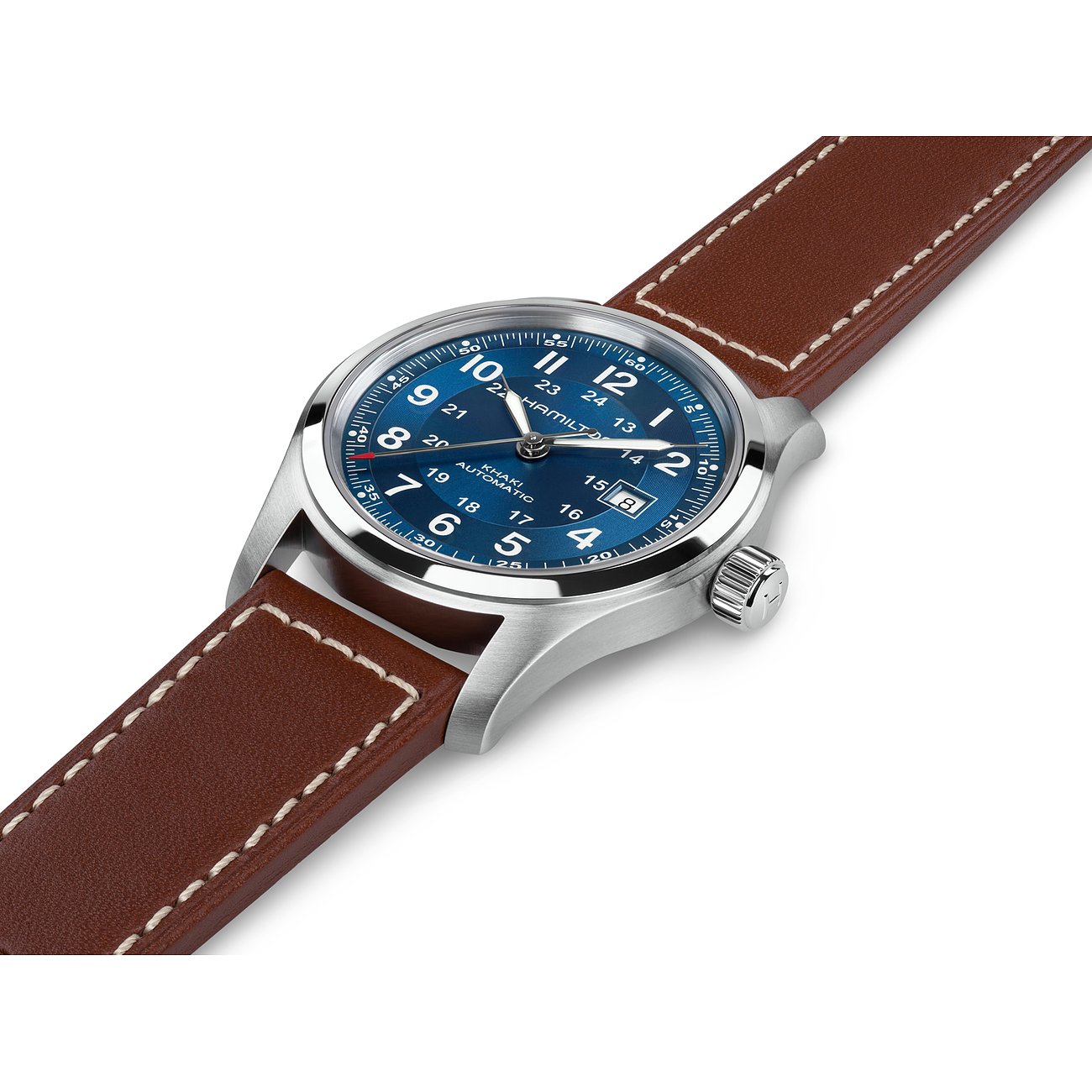 Hamilton Herrenuhr mit Edelstahlgehäuse, blauem Zifferblatt und braunem Lederarmband.