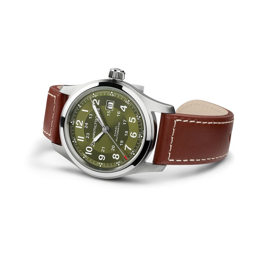 Hamilton Herrenuhr mit Edelstahlgehäuse, grünem Zifferblatt und braunem Lederarmband.