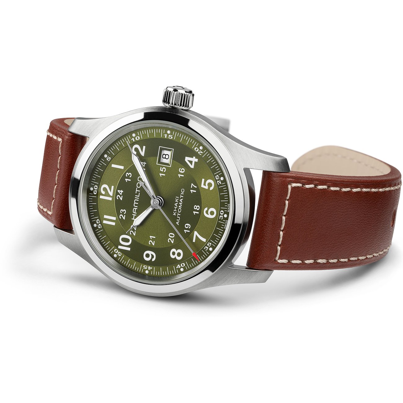 Hamilton Herrenuhr mit Edelstahlgehäuse, grünem Zifferblatt und braunem Lederarmband.