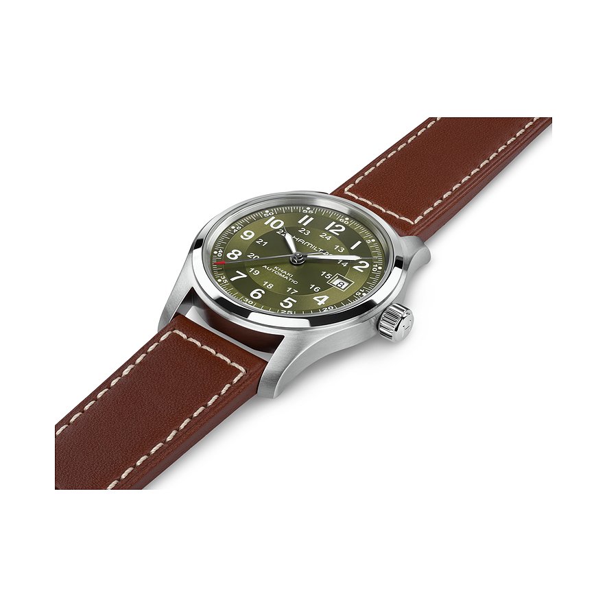Hamilton Herrenuhr mit Edelstahlgehäuse, grünem Zifferblatt und braunem Lederarmband.