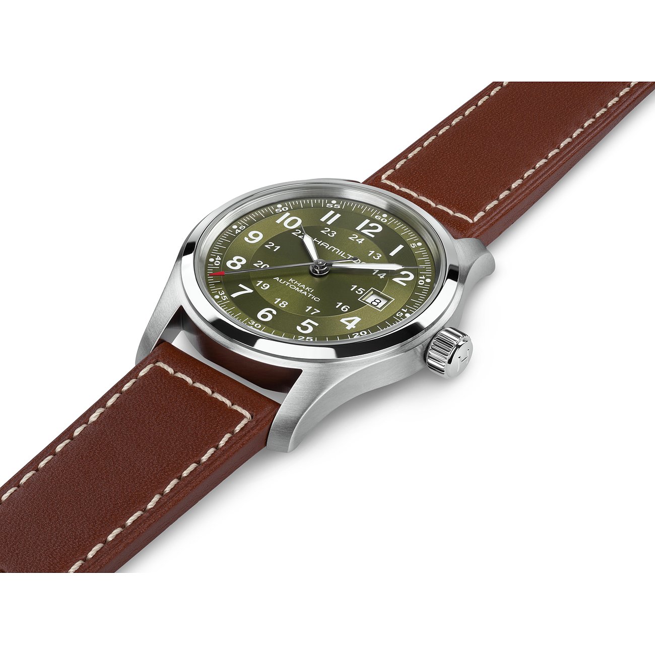 Hamilton Herrenuhr mit Edelstahlgehäuse, grünem Zifferblatt und braunem Lederarmband.