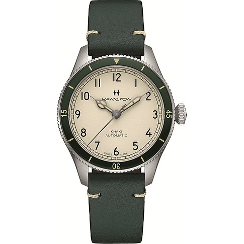 Hamilton Uhr aus Edelstahl für Unisex mit beigem Zifferblatt und grünem Armband, das von oben zu sehen ist.