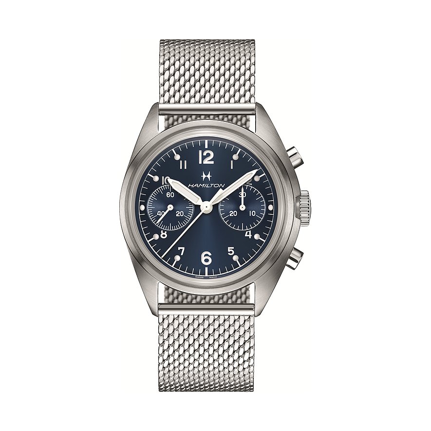 Hamilton Herrenuhr aus Edelstahl mit marineblauem Zifferblatt und silberfarbenem Milanaise-Armband.