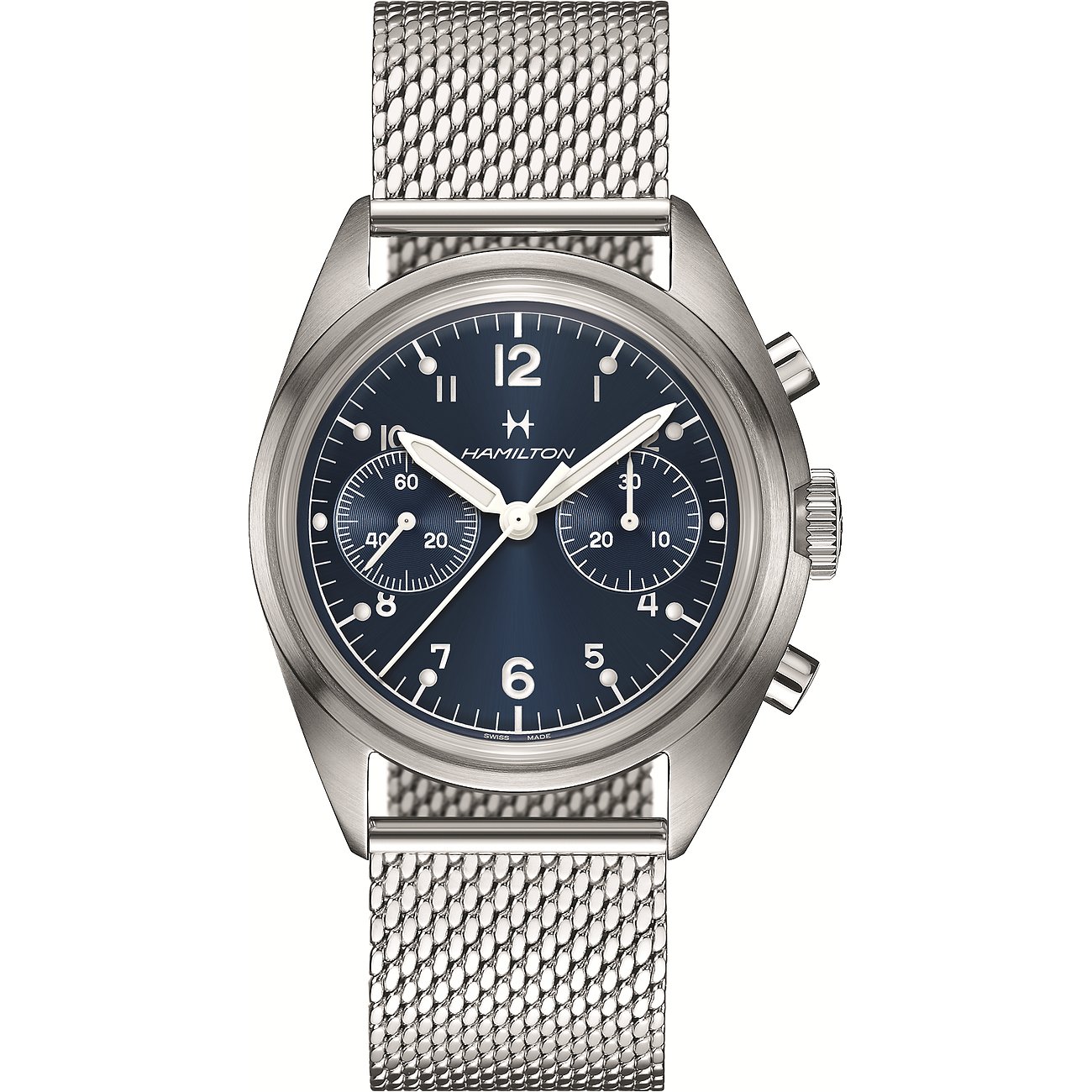 Hamilton Herrenuhr aus Edelstahl mit marineblauem Zifferblatt und silberfarbenem Milanaise-Armband.