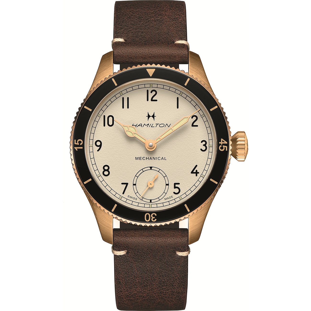 Hamilton Herrenuhr aus Bronze mit braunem Lederarmband, beigem Zifferblatt und schwarzem Rand.