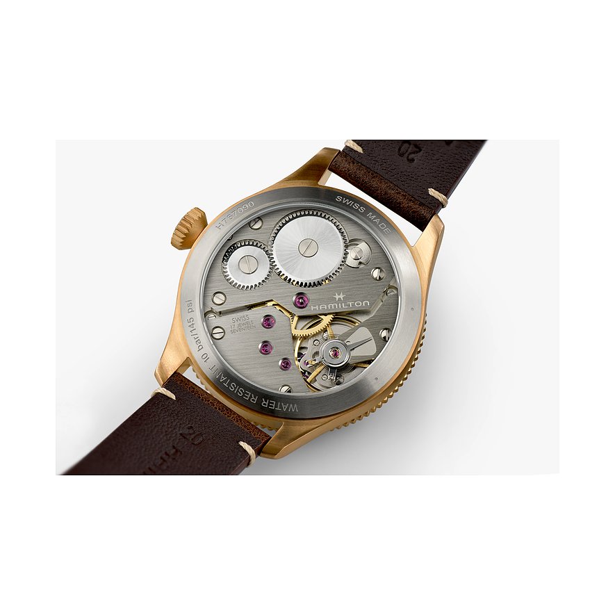 Rückansicht der Hamilton Herrenuhr aus Bronze mit offenem Zifferblatt, das das Uhrwerk und die Mechanik zeigt.