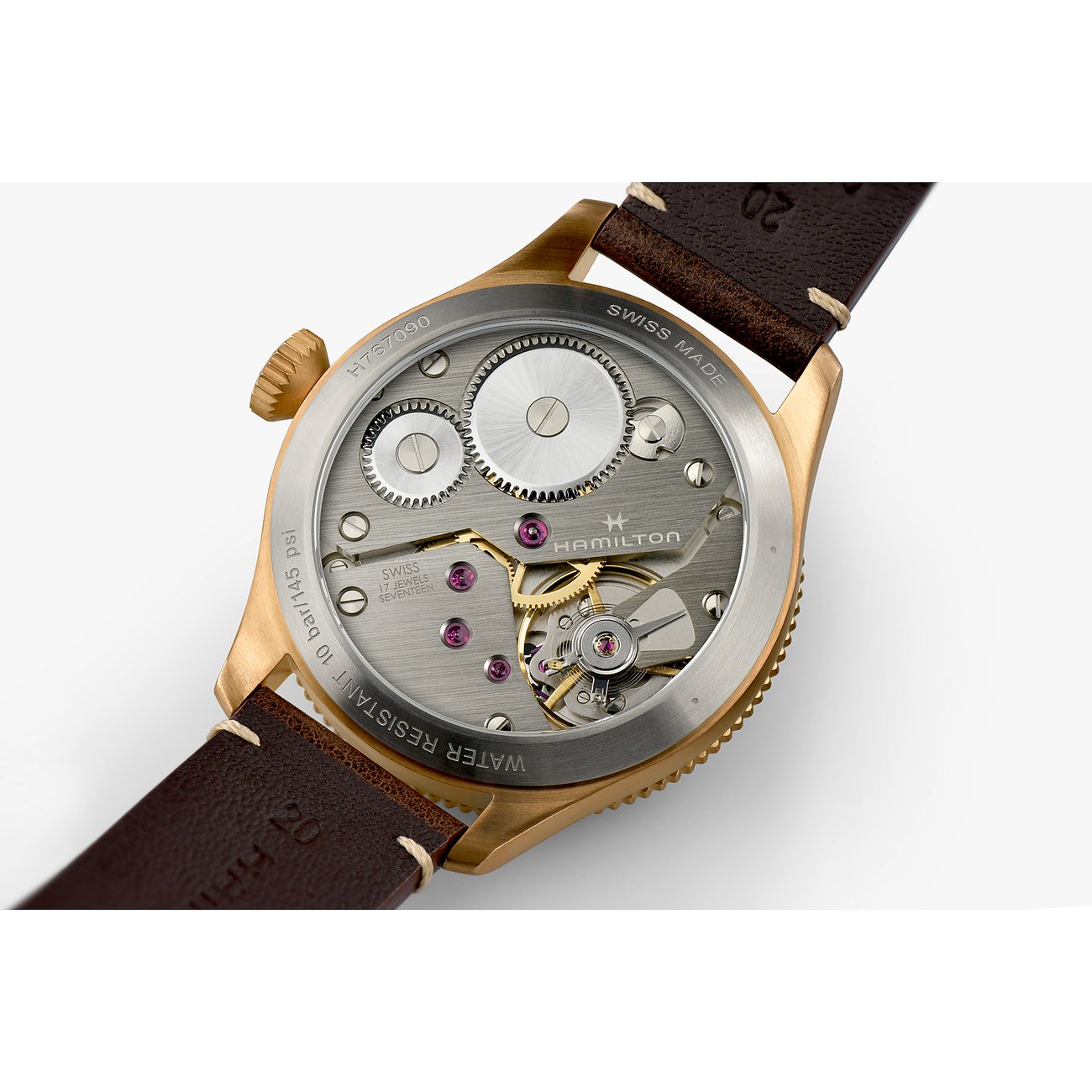 Rückansicht der Hamilton Herrenuhr aus Bronze mit offenem Zifferblatt, das das Uhrwerk und die Mechanik zeigt.