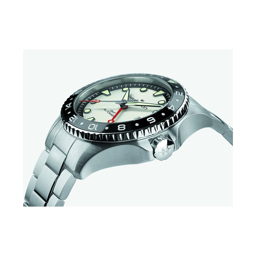 Hamilton Herrenuhr mit Edelstahlgehäuse und beigem Zifferblatt.