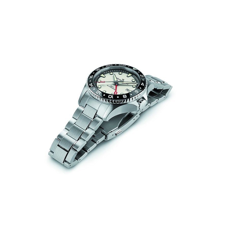 Hamilton Herrenuhr mit Edelstahlgehäuse, cremefarbenem Zifferblatt und schwarzer Lünette.