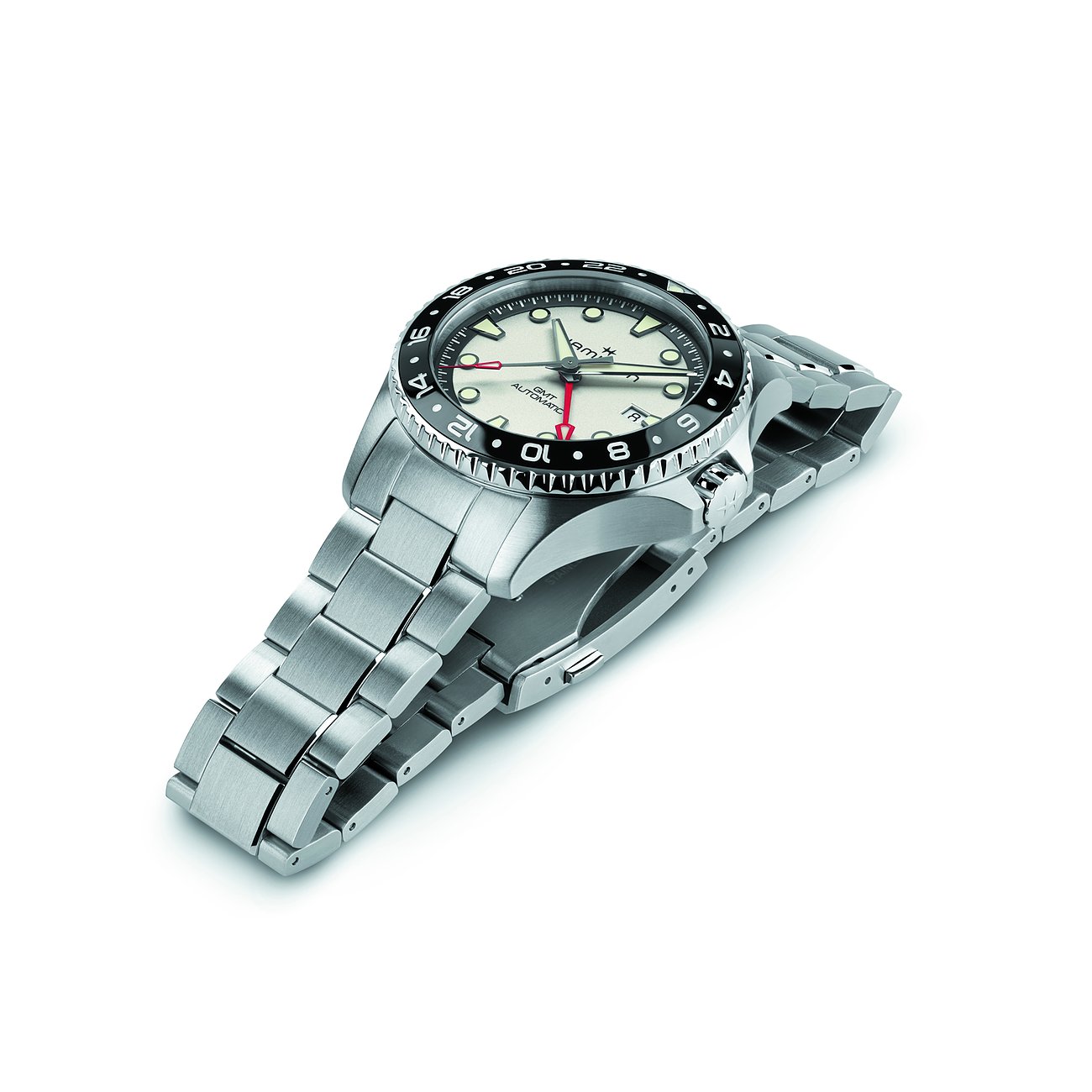 Hamilton Herrenuhr mit Edelstahlgehäuse, cremefarbenem Zifferblatt und schwarzer Lünette.