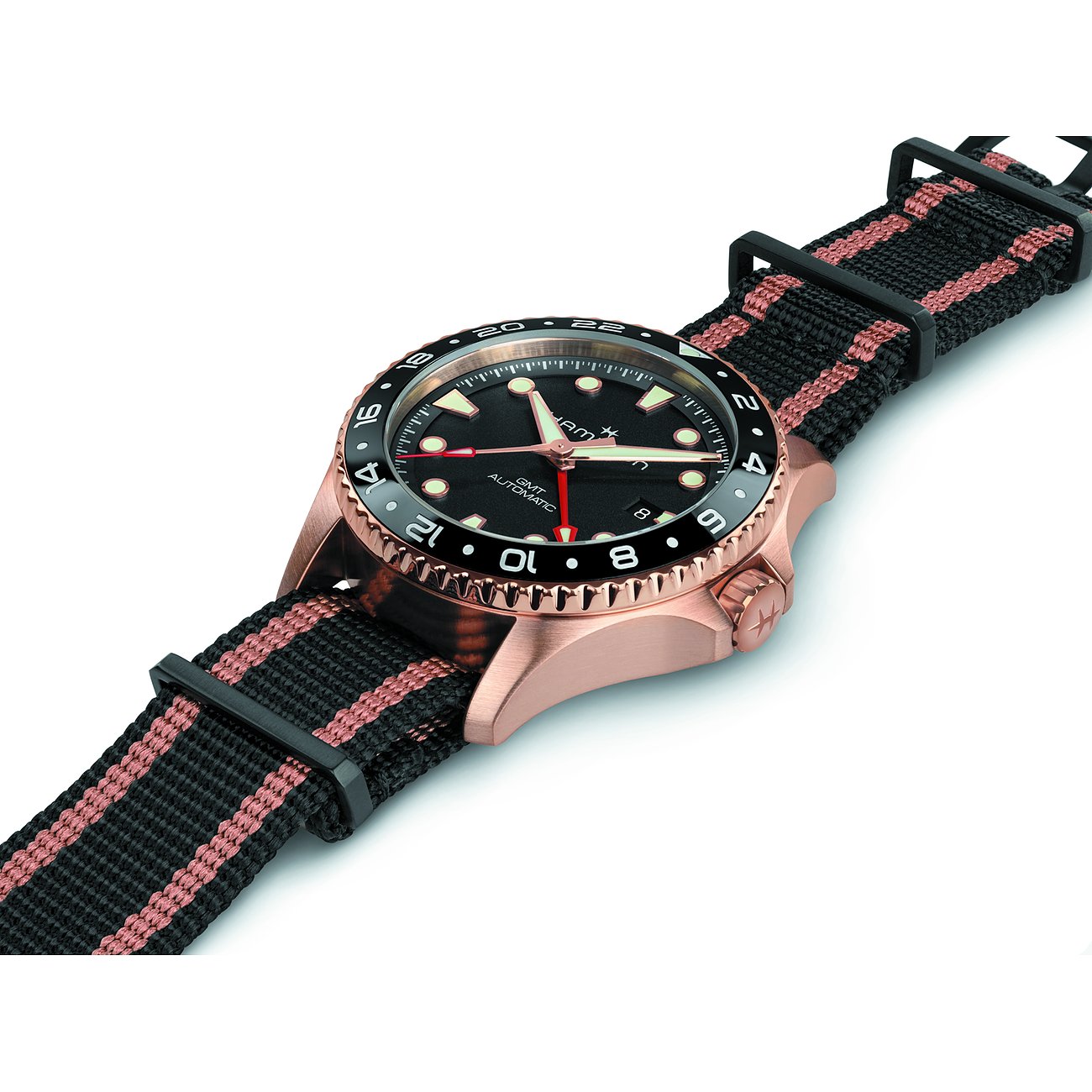 Hamilton Herrenuhr mit Edelstahlgehäuse, schwarzem Zifferblatt und bicolor-Armband.