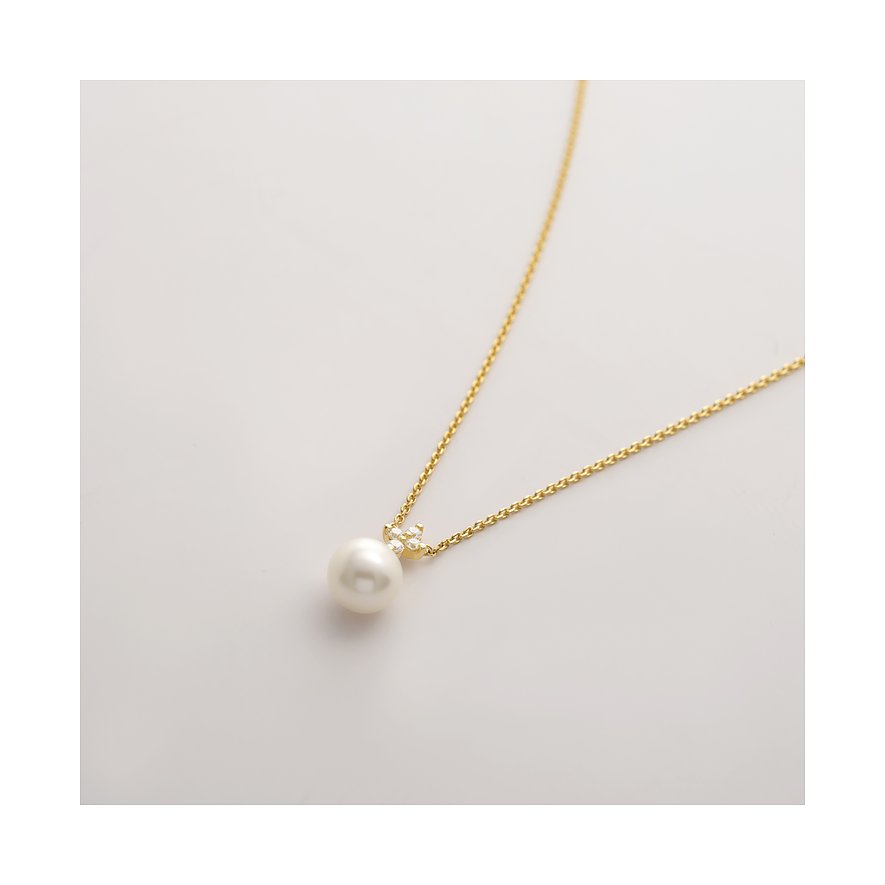 CHRIST necklace: white pearl, two clear gems on a delicate yellow gold chain.