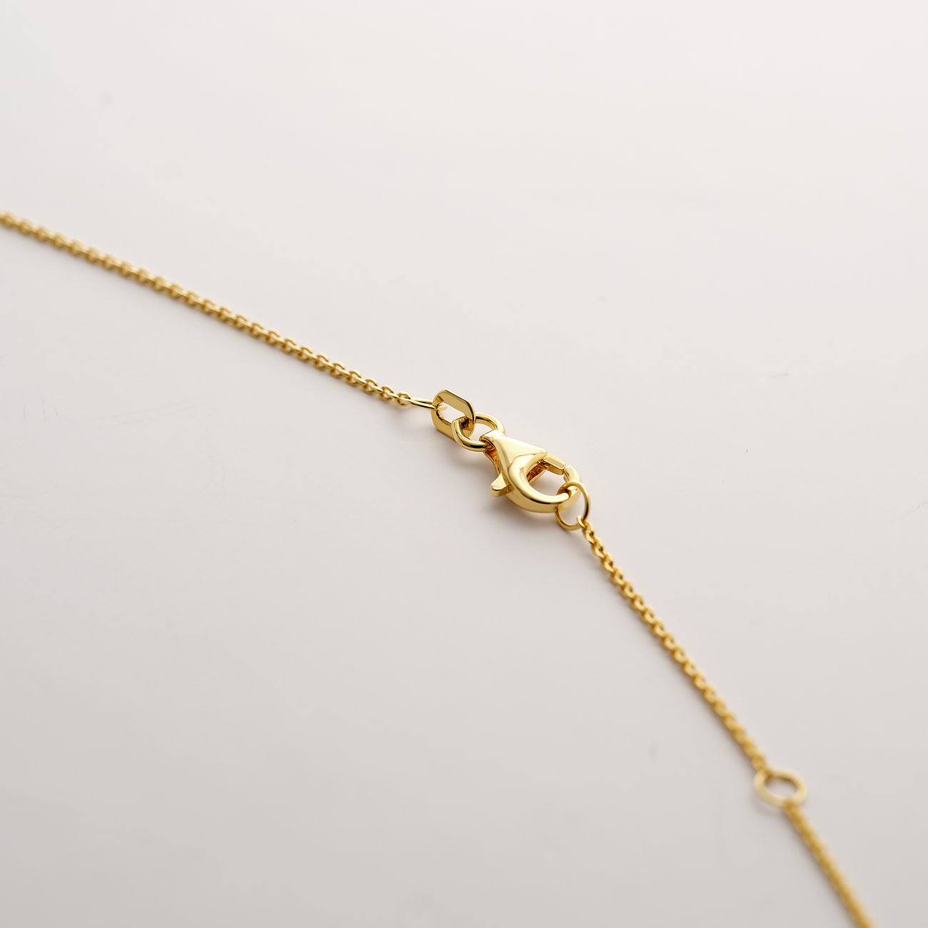 Detailopname van de CHRIST halsketting met geelgouden ketting en karabijnsluiting.