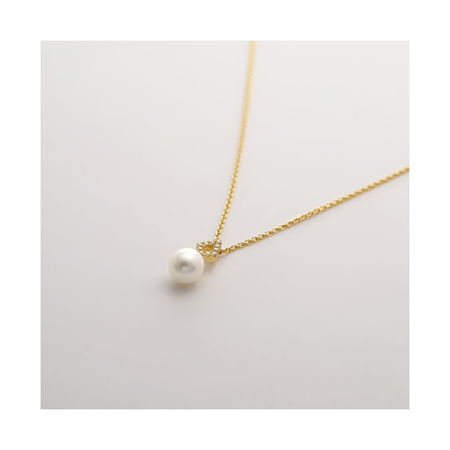 CHRIST CHRIST collier van 375 geelgoud met parel en fonkelende edelstenen aan een filigrane ketting.