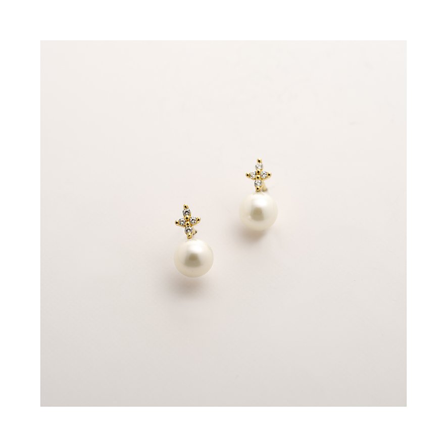 CHRIST Ohrschmuck aus 375er Gelbgold mit Perle und klaren Schmucksteinen in Sternform.