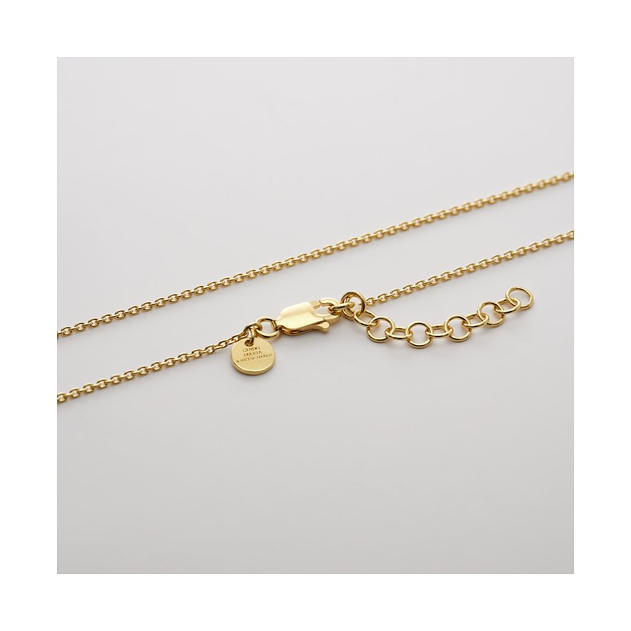 Nahaufnahme einer goldenen Collierkette, die offen liegt und den Karabinerverschluss und ein kleines Markenplättchen zeigt.
