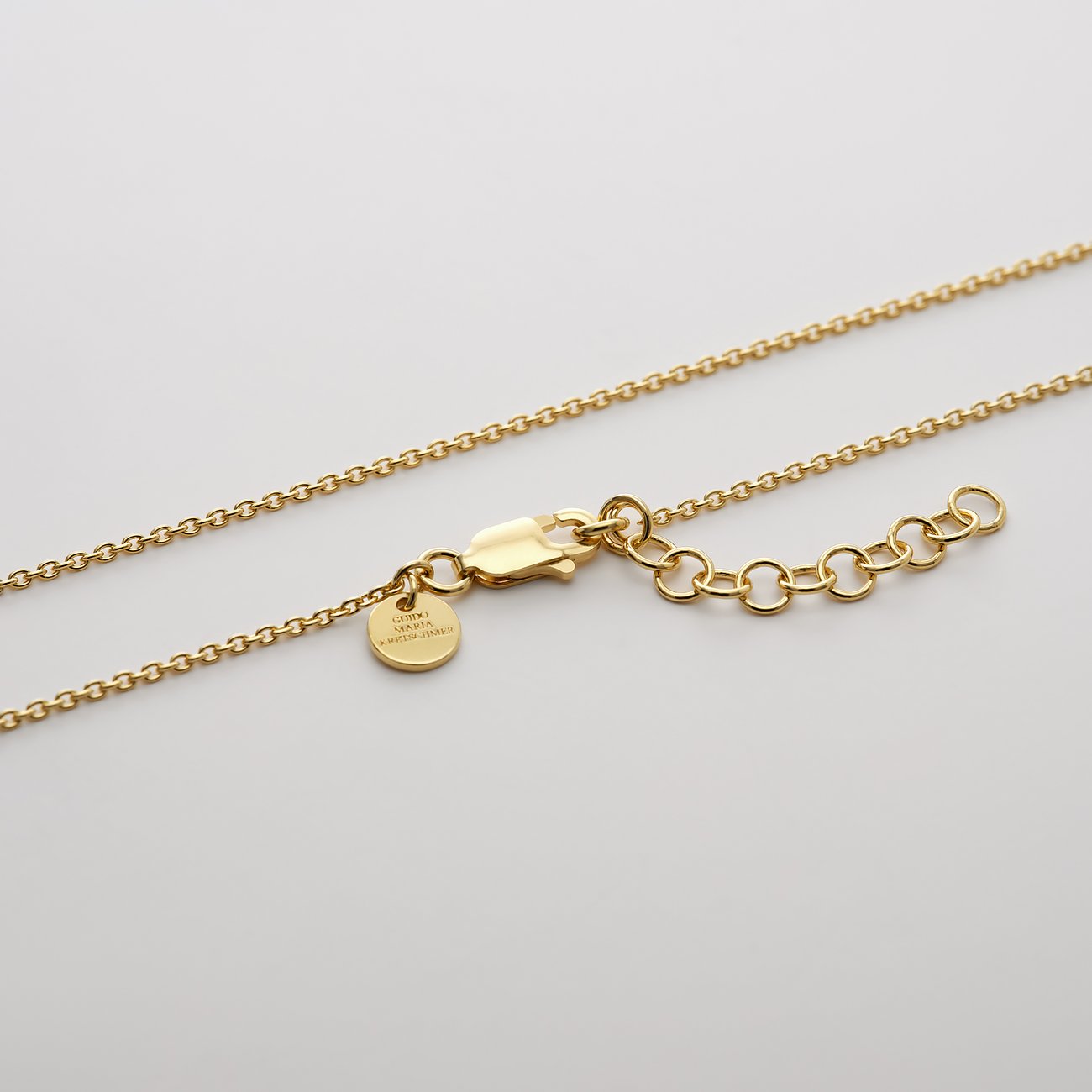 Nahaufnahme einer goldenen Collierkette, die offen liegt und den Karabinerverschluss und ein kleines Markenplättchen zeigt.