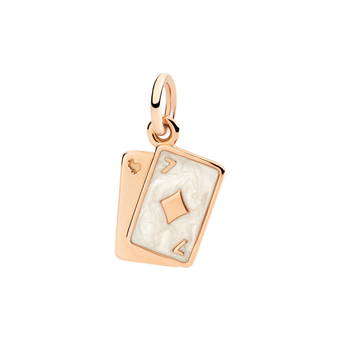 DoDo Anhänger aus 375 Roségold mit weißer Emaille und Spielkarten-Motiv.