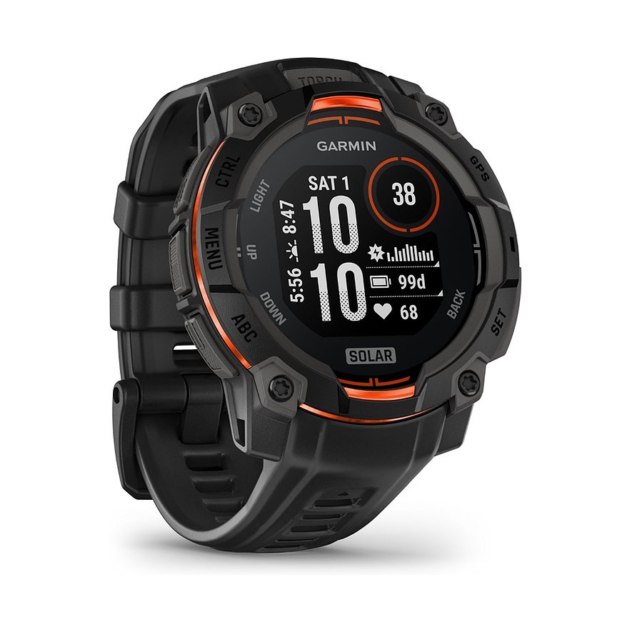 Garmin Smartwatch Instinct 3 Solar 45 mm Schwarz 010-02934-00, Unisex, Kunststoff, Metall, Armband: Silikon, Lithium-Ionen Akku, digital