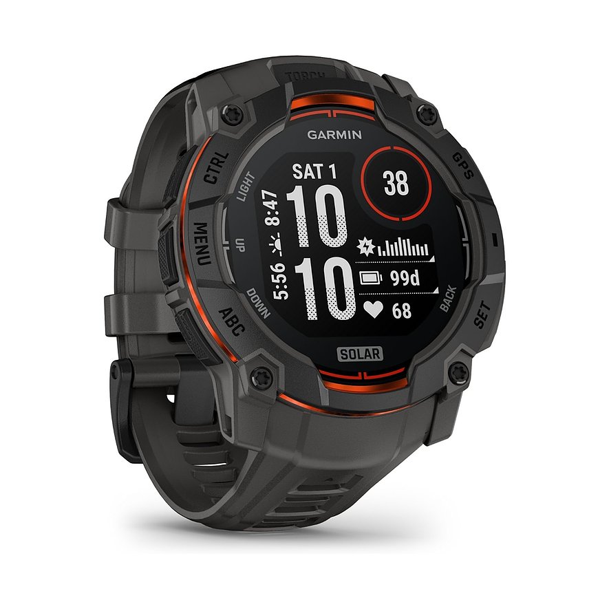 Garmin Smartwatch Instinct 3 Solar 50 mm Kohle/Schwarz 010-02935-00, Unisex, Kunststoff, Metall, Armband: Silikon, Lithium-Ionen Akku, digital