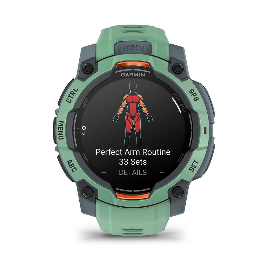 Garmin Smartwatch mit Kunststoffgehäuse, digitale Anzeige und Trainingsübersicht.