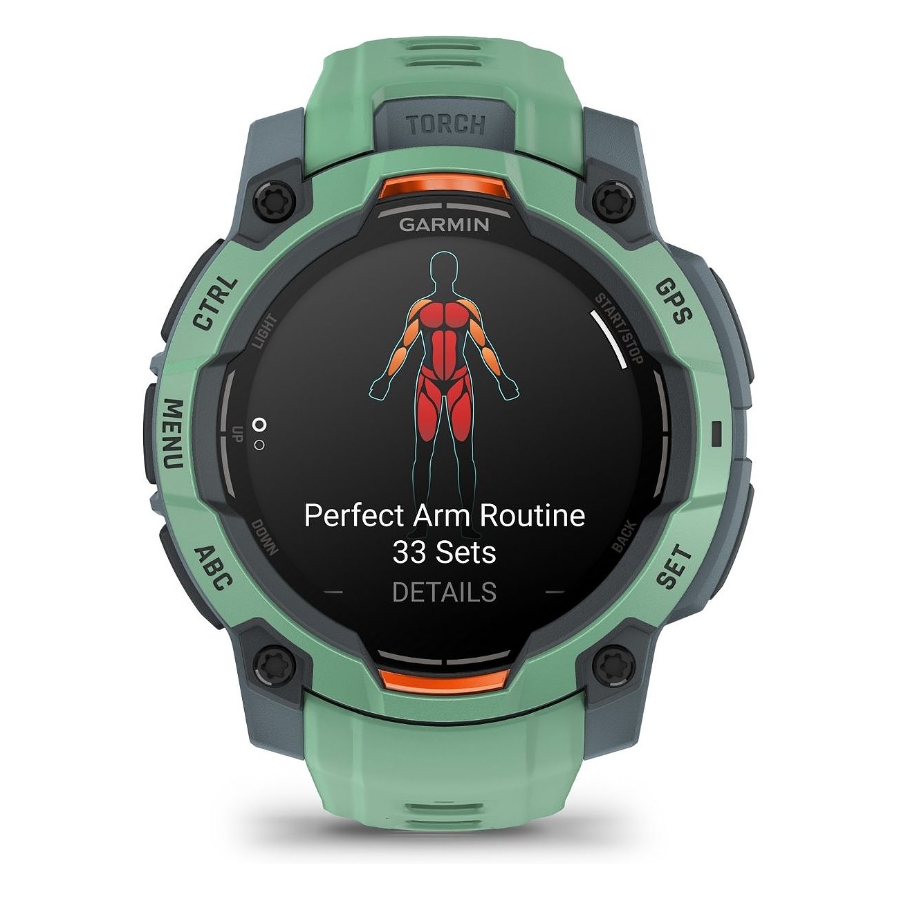 Garmin Smartwatch mit Kunststoffgehäuse, digitale Anzeige und Trainingsübersicht.