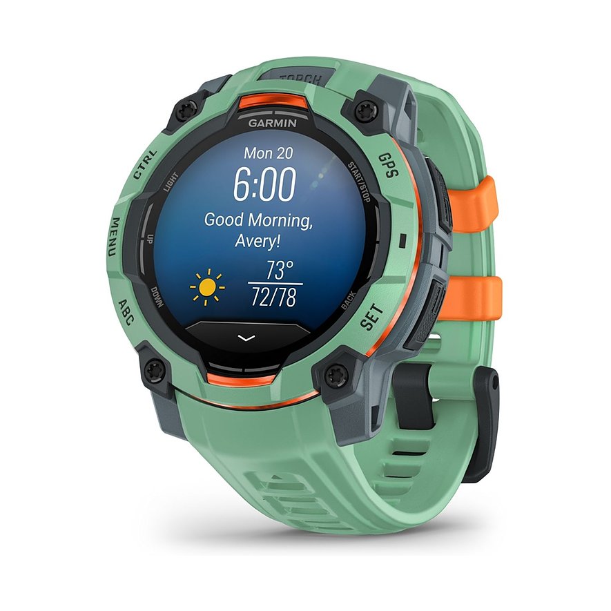 Garmin Smartwatch mit Kunststoffgehäuse, analoge Anzeige und orangefarbenen Akzenten.