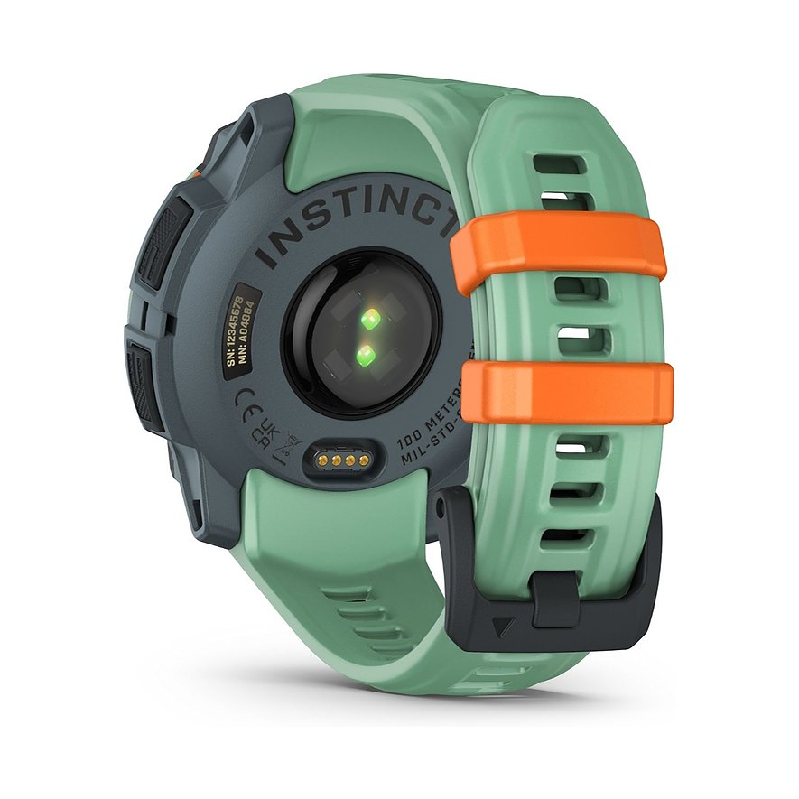 Garmin Smartwatch mit Kunststoffgehäuse, grün, mit orangefarbenen Akzenten.