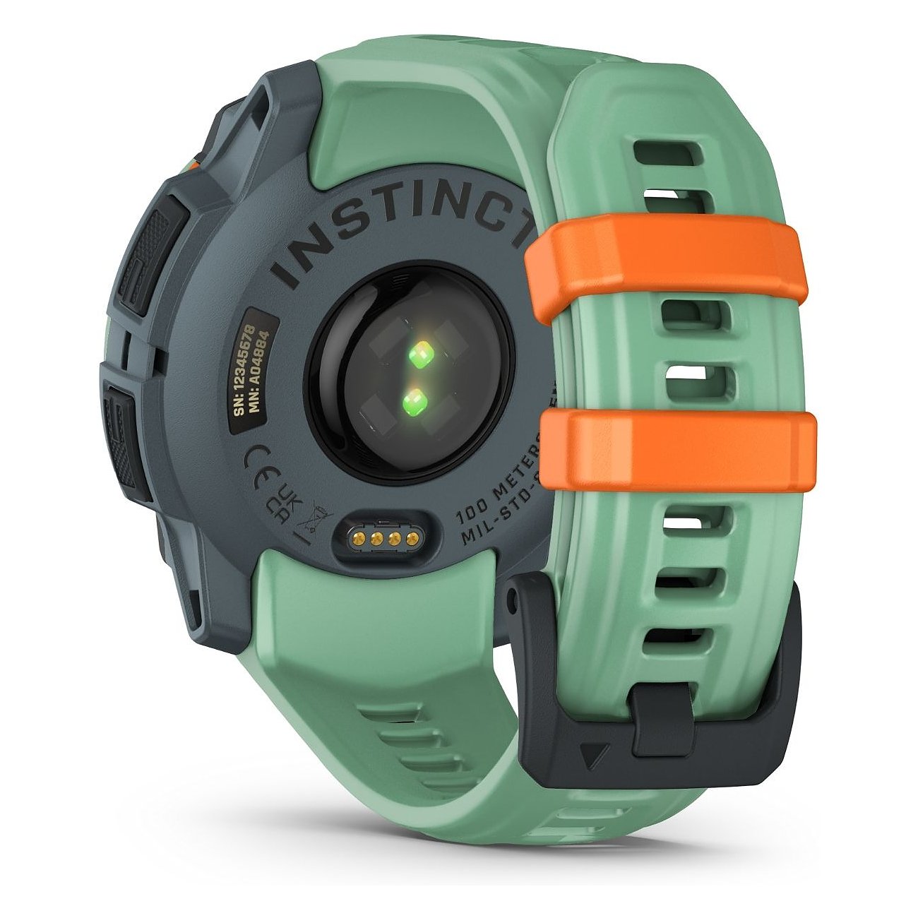 Garmin Smartwatch mit Kunststoffgehäuse, grün, mit orangefarbenen Akzenten.