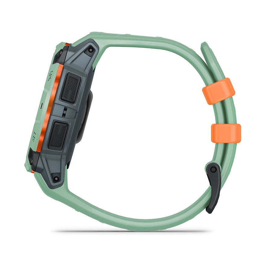 Garmin Smartwatch mit Kunststoffgehäuse, mintgrün und orangefarbenen Akzenten.