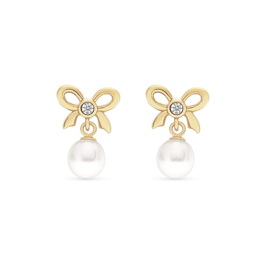 FAVS Little Friends øreringe i 925s sølv, guldbelagte, formet som sløjfer med zirkon og perlevedhæng.