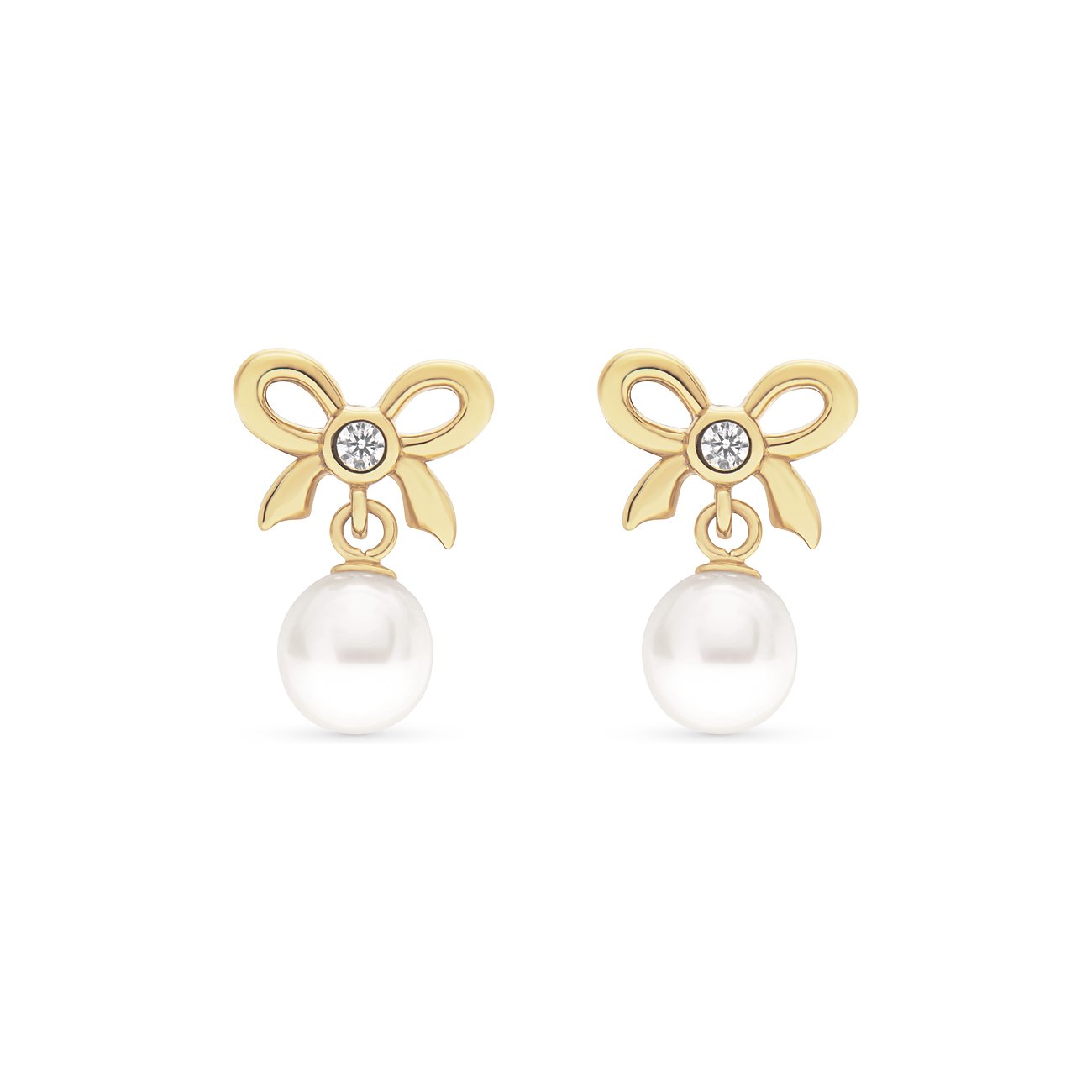 FAVS Little Friends øreringe i 925s sølv, guldbelagte, formet som sløjfer med zirkon og perlevedhæng.