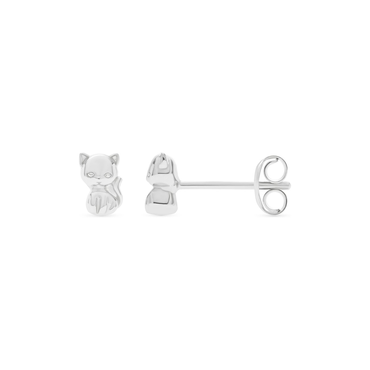 FAVS Ohrstecker im Katzen-Design aus 925er Silber mit stehendem Püppchen und Ohrstopper, in Vorder- und Seitenansicht.