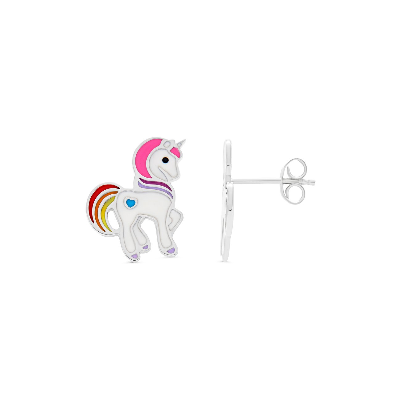 FAVS 925er Silber Ohrstecker in Form eines stehenden Einhorns mit pinkfarbener Mähne und Regenbogen-Emaille-Schweif.