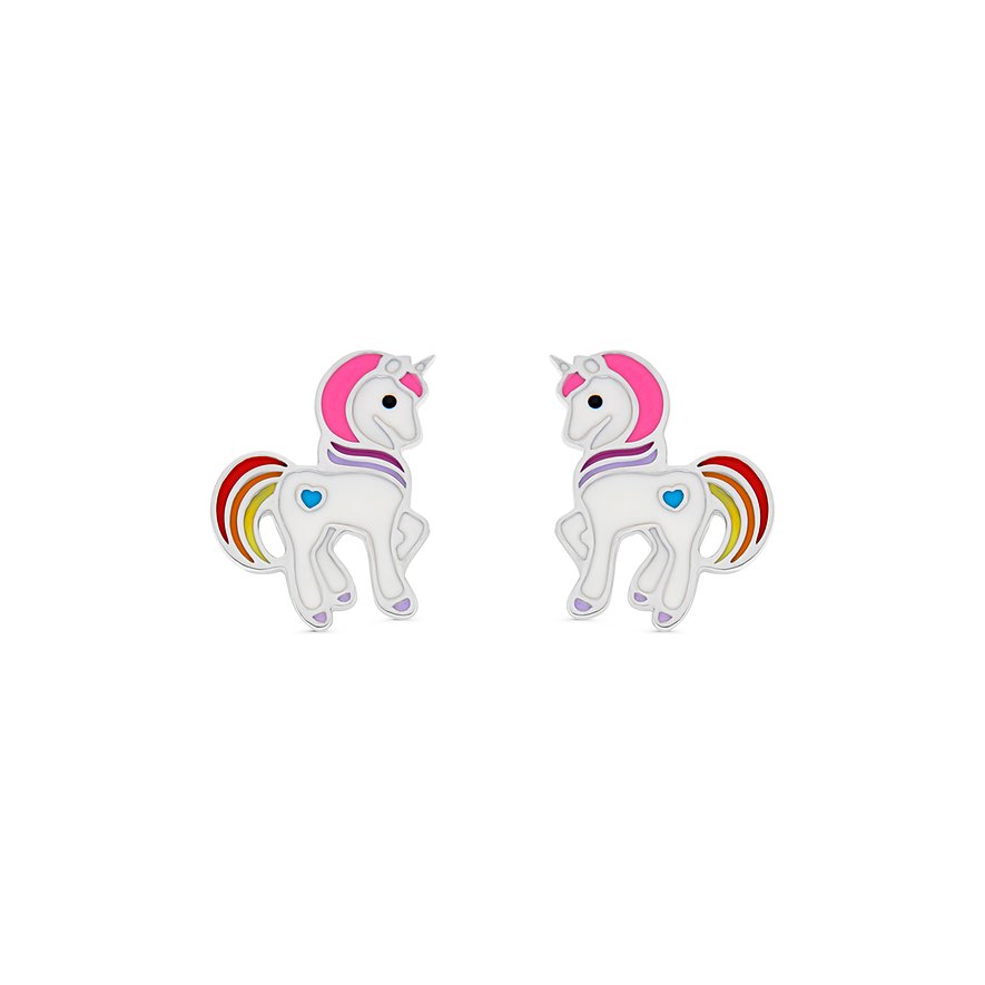 Zwei FAVS Einhorn-Ohrstecker aus 925er Silber und Emaille, weiß mit pinker Mähne, Regenbogen-Schweif und blauem Herz.