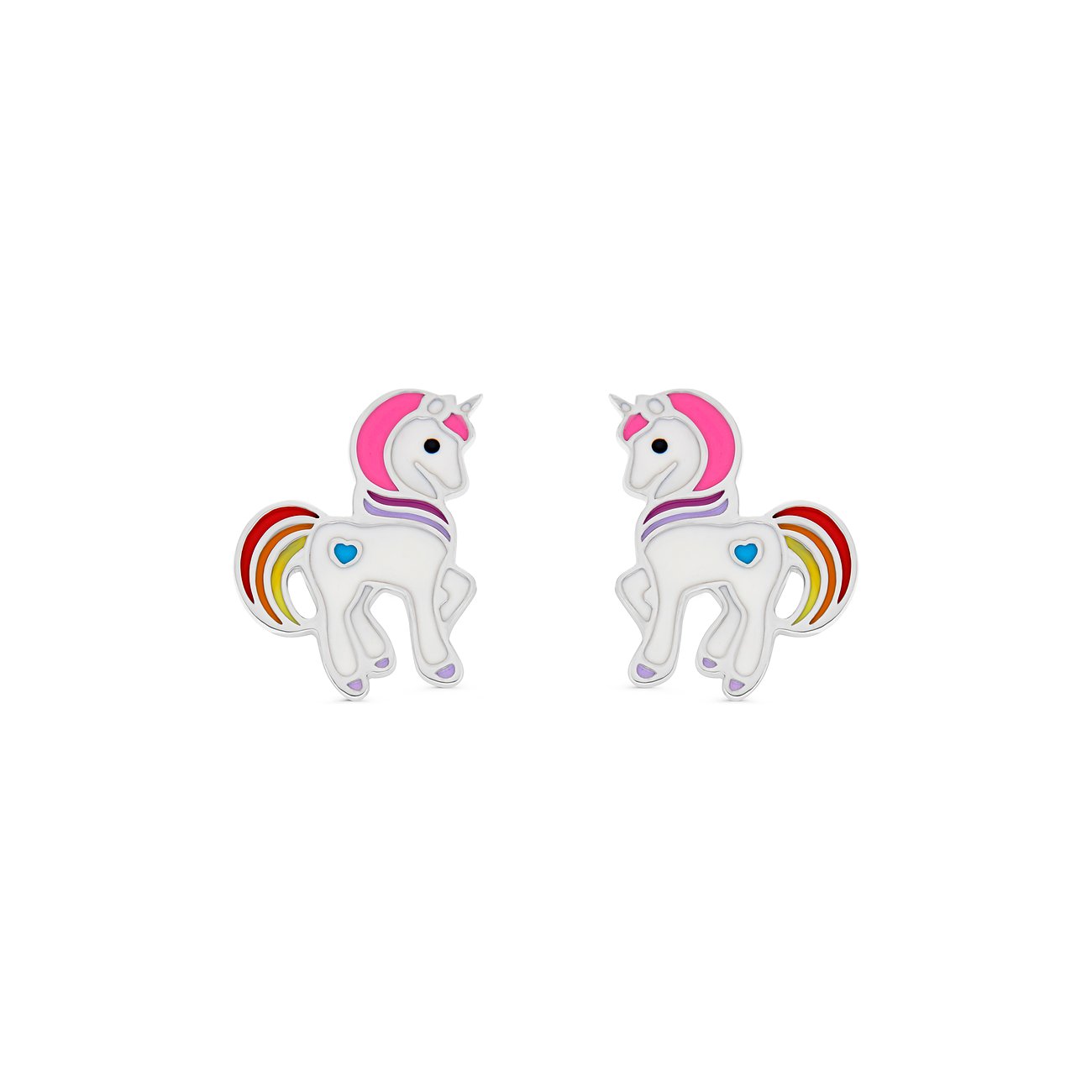 Zwei FAVS Einhorn-Ohrstecker aus 925er Silber und Emaille, weiß mit pinker Mähne, Regenbogen-Schweif und blauem Herz.