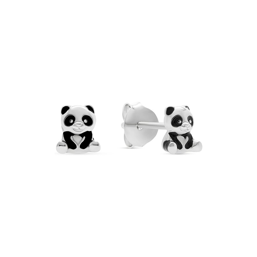 FAVS Little Friends Ohrstecker im Panda-Design aus 925er Silber und Emaille, von vorne und leicht seitlich gezeigt.