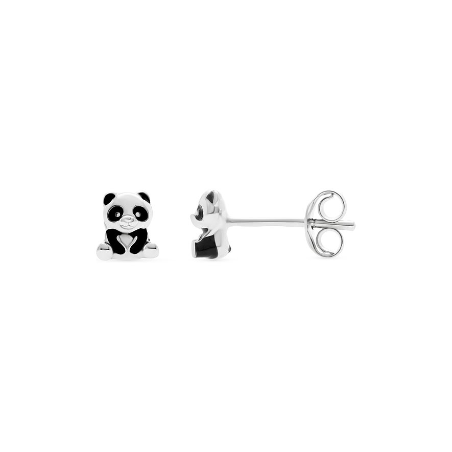FAVS Little Friends Ohrstecker aus Silber und Emaille, geformt wie ein sitzender Panda von vorne und von der Seite.