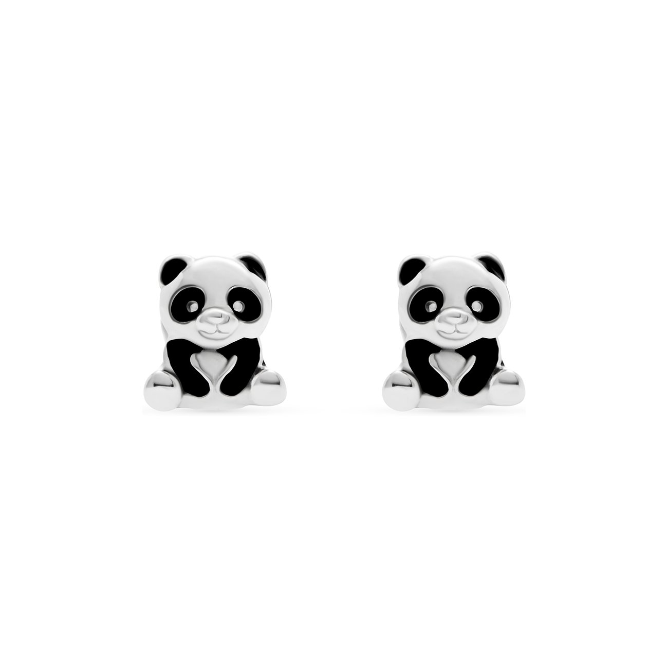 FAVS Little Friends Ohrstecker: Zwei silberne Panda-Ohrringe mit schwarzer Emaille sitzen nebeneinander.