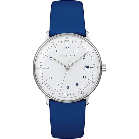 Junghans Damenuhr mit Edelstahlgehäuse und blauem Lederarmband, analog.