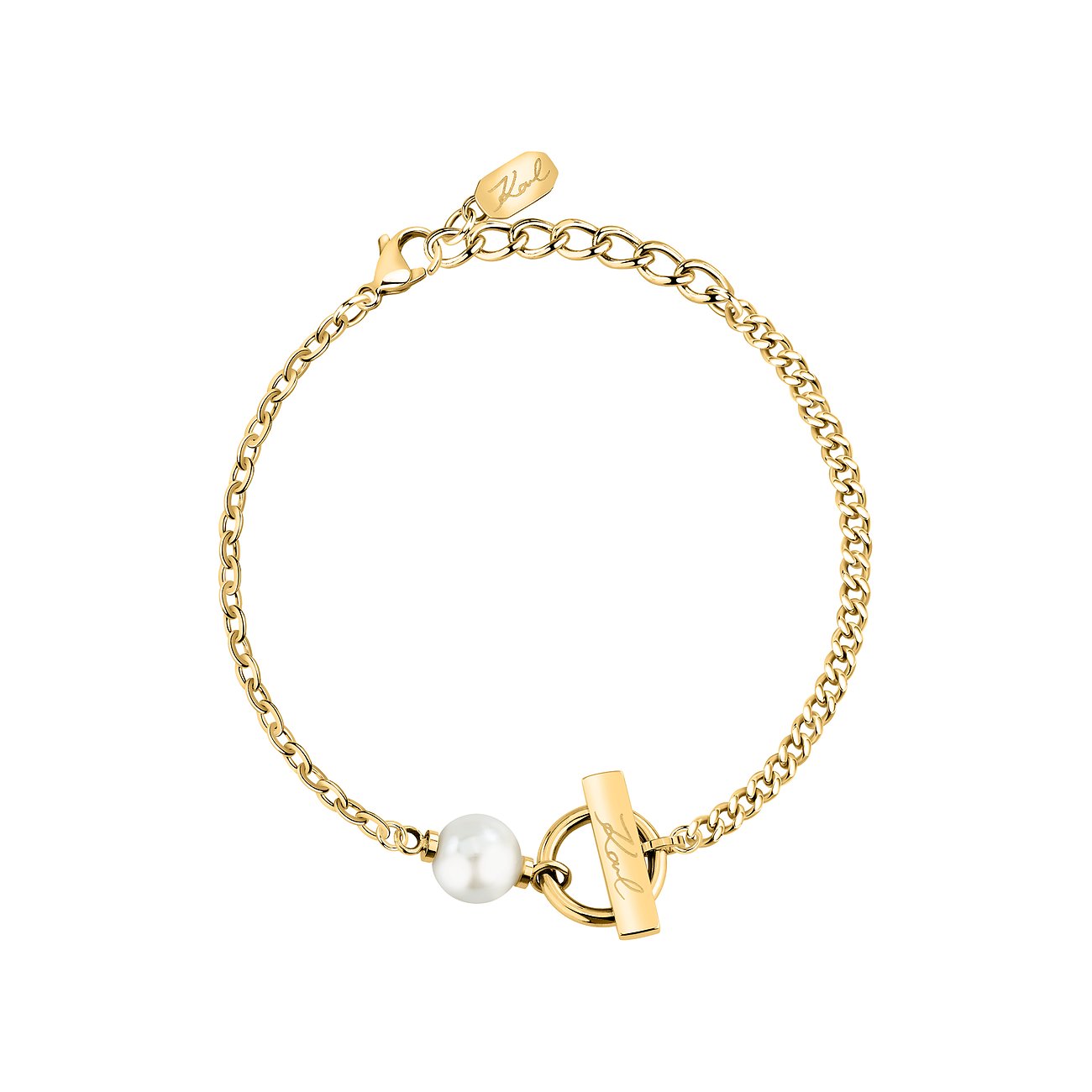 Karl Lagerfeld Armband aus Edelstahl mit Perle und Logoplatte.