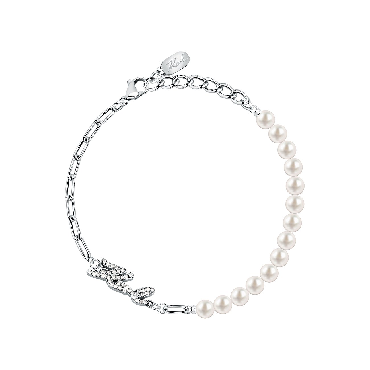 Karl Lagerfeld Armband aus Edelstahl mit Perlen und funkelnden Steinen.