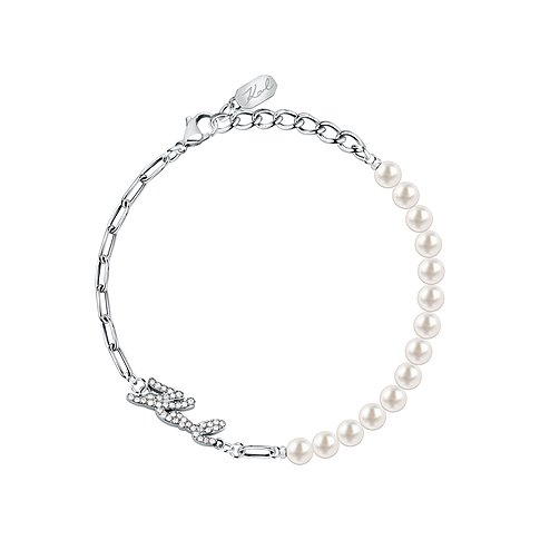 Bracelet Karl Lagerfeld en acier inoxydable avec perles et pierres scintillantes.