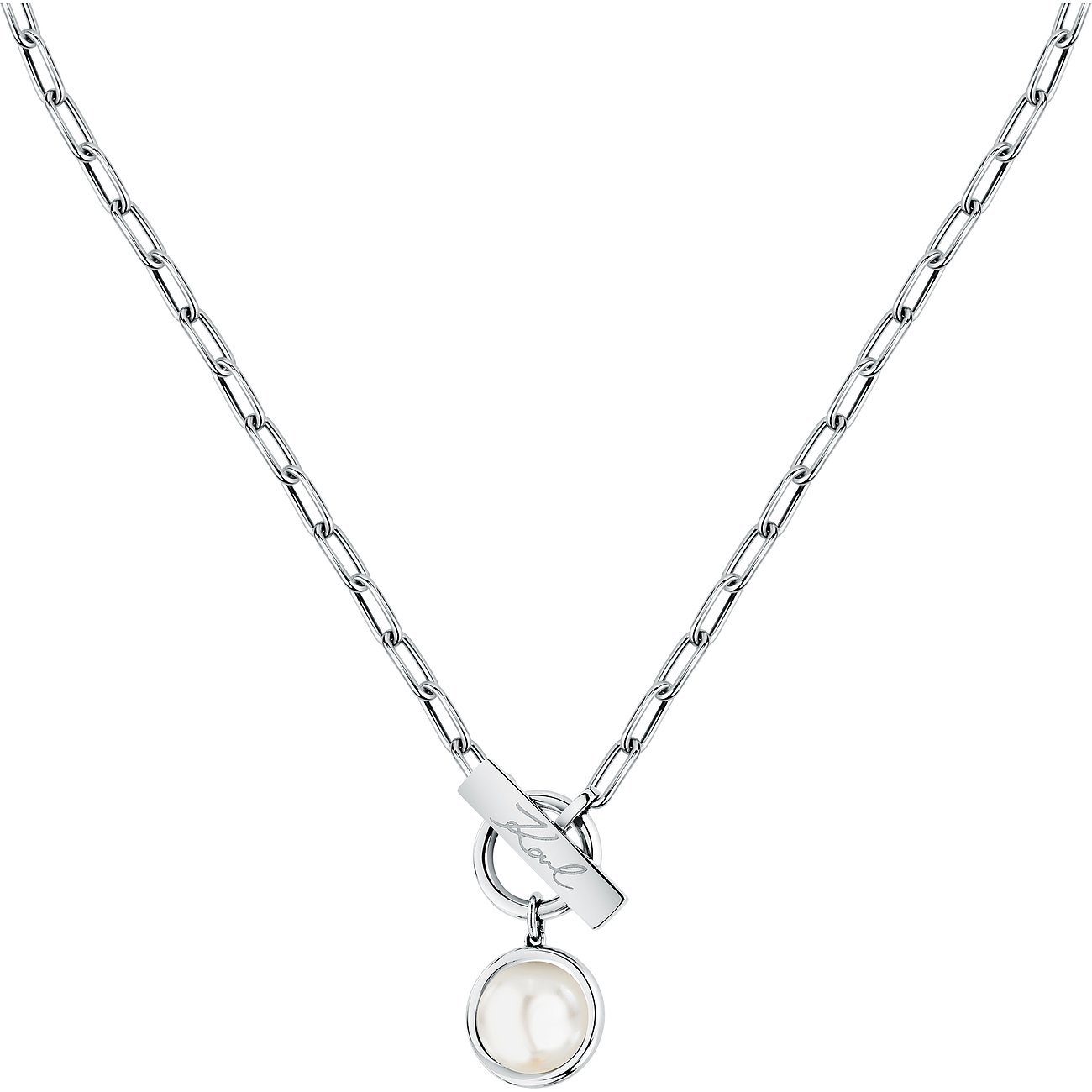 Karl Lagerfeld Halskette aus Edelstahl mit Perlenanhänger und Toggle-Verschluss.